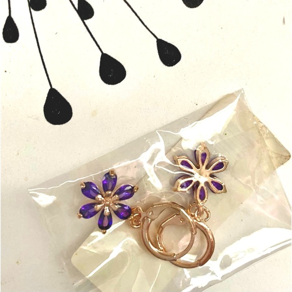 QVC Jewelry - Petite Hoop Huggie Earrings with cut Amethyst Gem Flowers, NEW